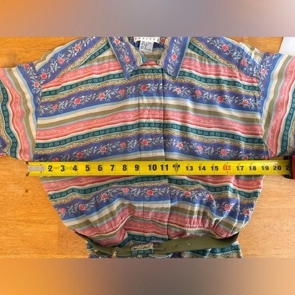 Vintage TALBOTS PETITES PURE silk STRIPED FLORAL BUTTONED Dress Size 8 w/ belt - Picture 6 of 7